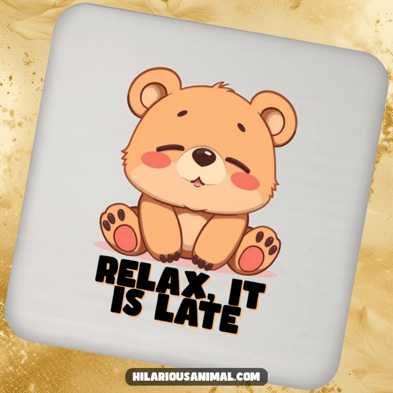 Funny brown bear cub drink coaster, softly chuckling with sleepy eyes, a charming surface protector.