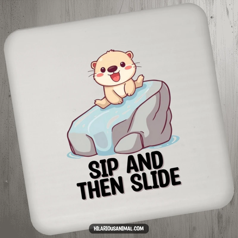 Funny drink coasters featuring a playful otter gleefully sliding down a slippery rock.