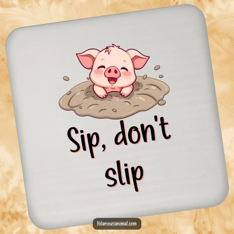 Funny Piglet Mud Puddle Coaster - A humorous coaster with a smiling piglet rolling in a mud puddle, covered in dirt and joy.