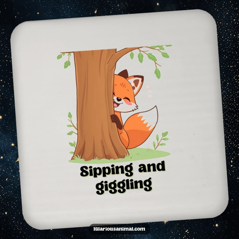 Funny drink coaster featuring a red fox playfully giggling behind a tree, adding humor as a funny gift.