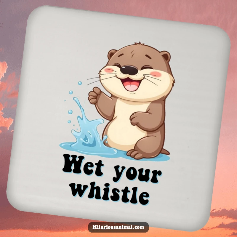 Funny Otter Cub Coaster: A cheerful otter cub spraying water with a wide grin, adding humor to drinks.