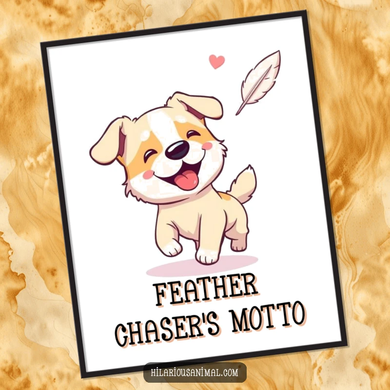 Funny poster depicting a giggling, panting dog joyfully chasing a floating feather.