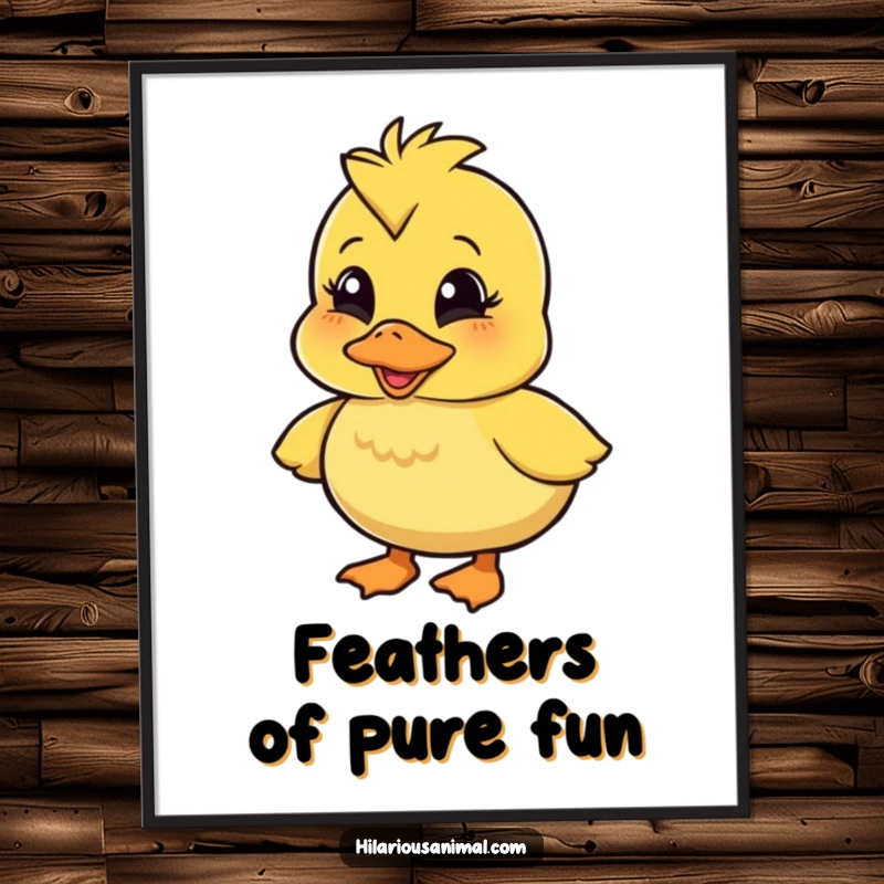 Funny wobbly duckling poster, a character quacking with infectious amusement, depicted in a humorous and charming artistic style for delightful wall decor.