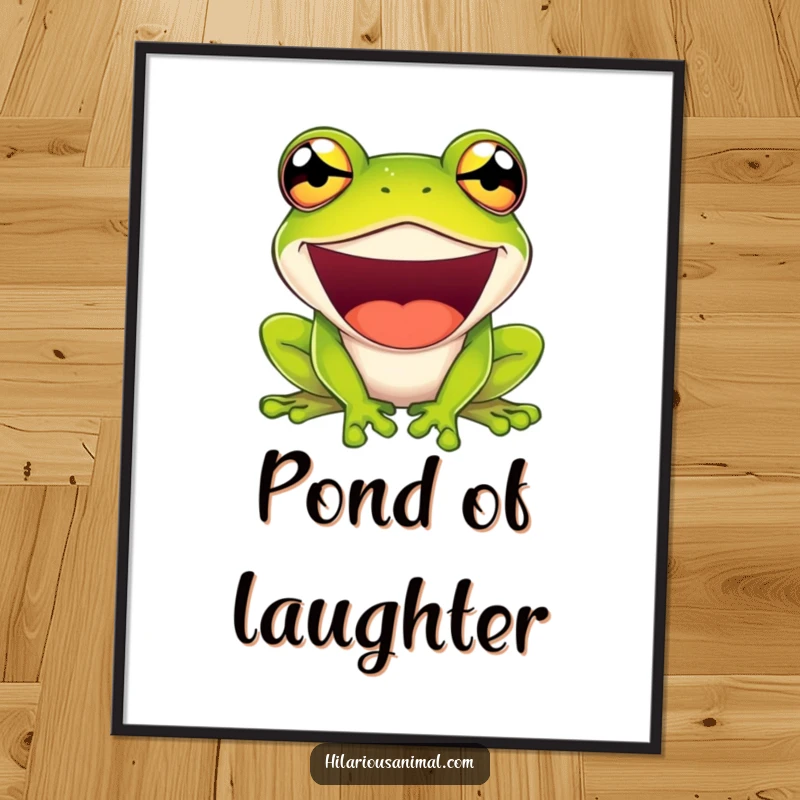 Funny poster of a green frog laughing with comically bulging eyes, adding a hilarious and cheerful touch to decor.