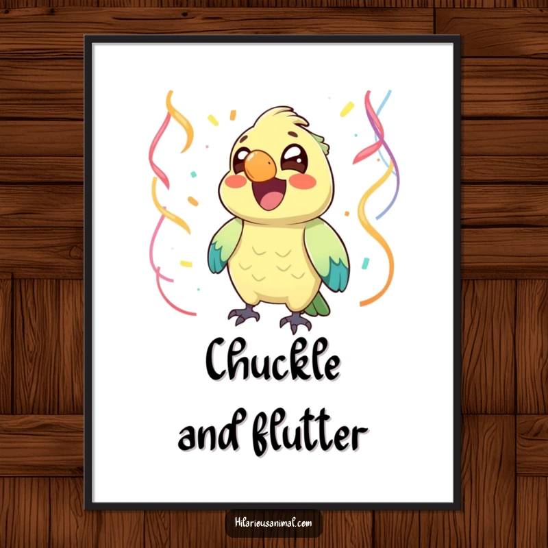 Funny joyful parrot with bright eyes chuckling amidst colorful streamers, on a poster, a celebratory and funny gift.