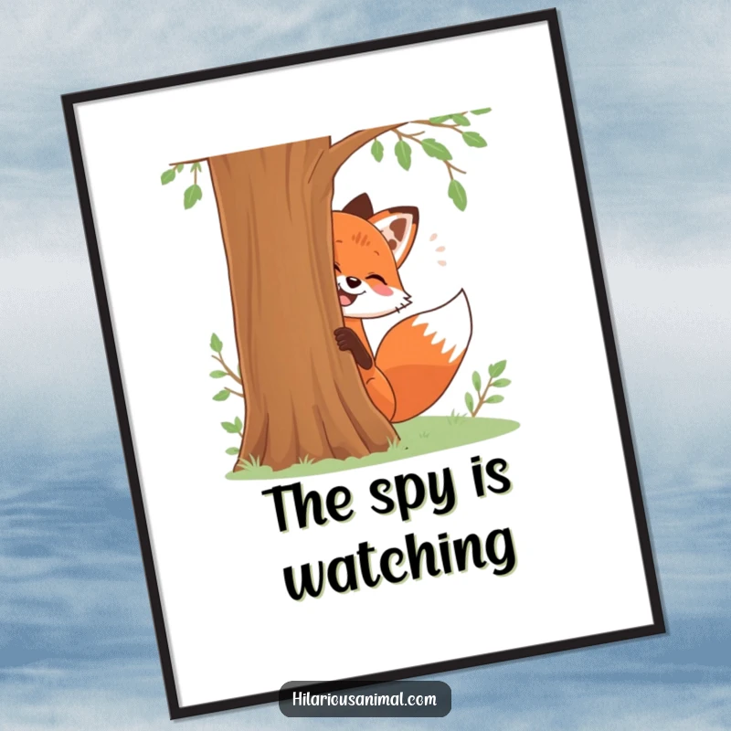Funny poster of a red fox playfully giggling while peeking from behind a tree, an artistic funny gift.