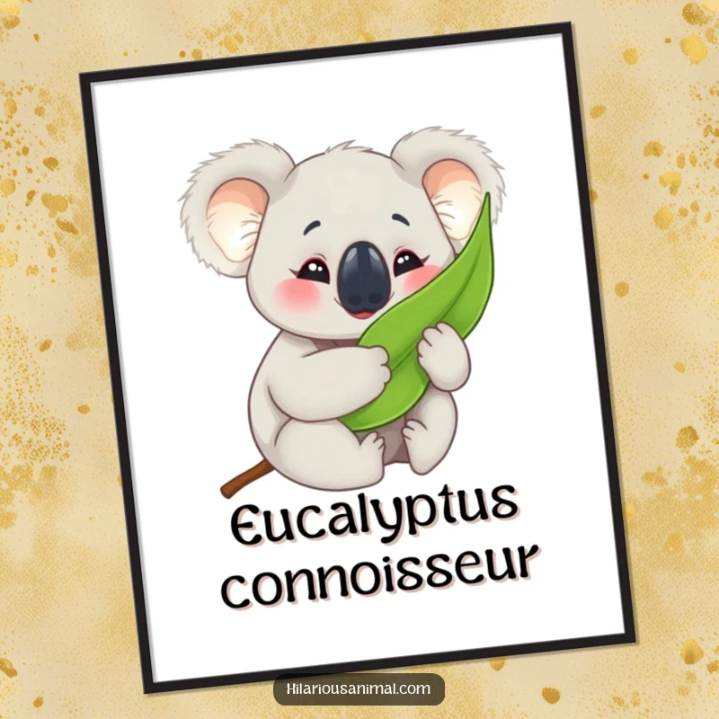 Funny koala cub poster, joyfully hugging a eucalyptus leaf with crinkled eyes, adding adorable humor to any space.