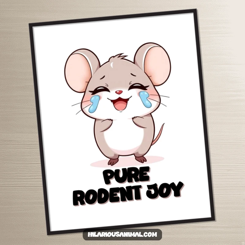 Funny small round mouse character laughing heartily, tears streaming on a poster, depicting ultimate joy and mirth, a perfect funny gift.
