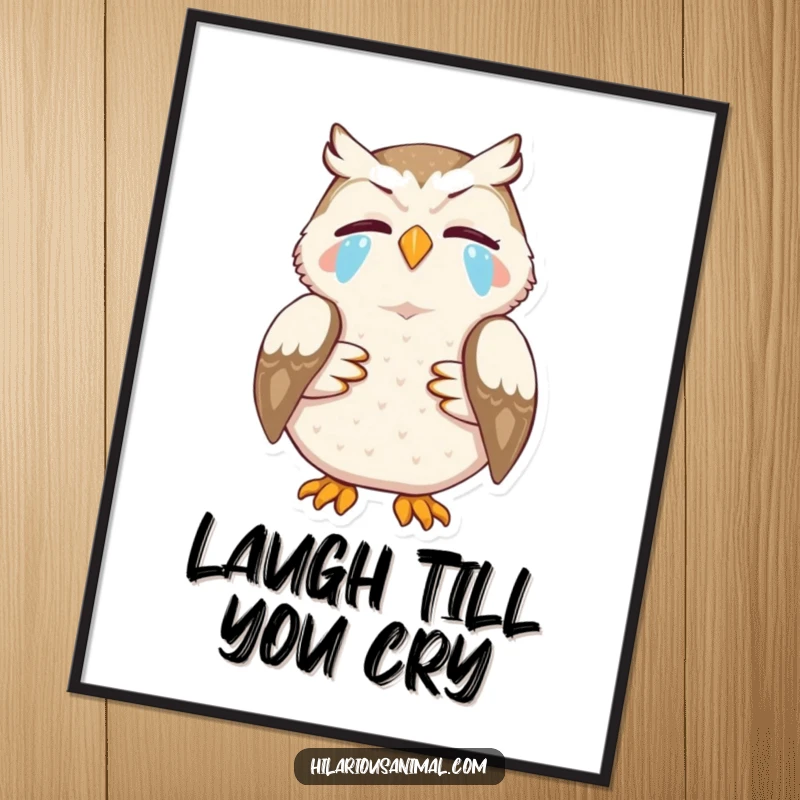 Funny poster of an owl laughing so hard it’s clutching its stomach, tears streaming, a perfect funny gift.