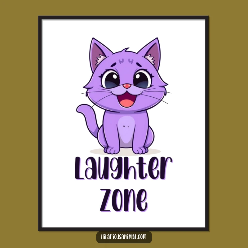 Funny Purple Cat Poster - Vibrant Wide Eyes Laughing Creature Art!