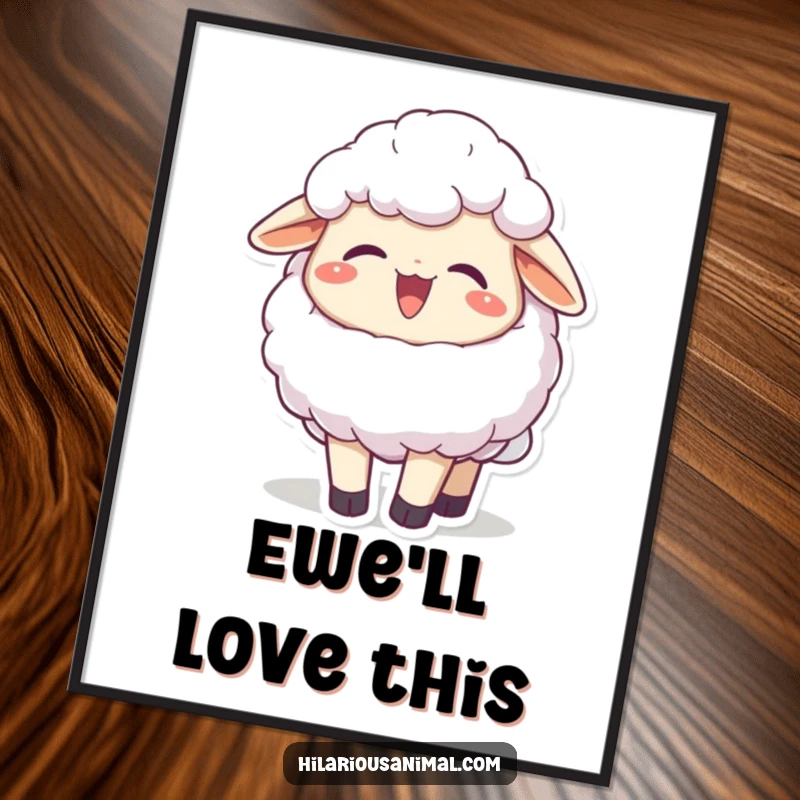 Funny joyful fluffy sheep character chuckling, head thrown back on a poster, radiating warmth and happiness, a perfect funny gift.