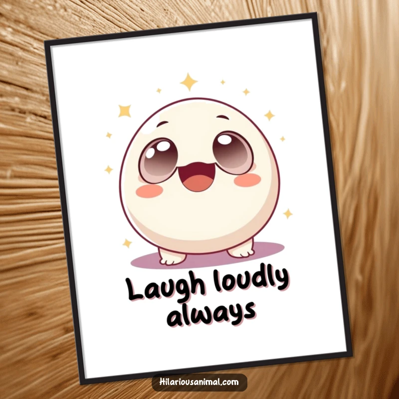 Funny round creature with wide eyes laughing uncontrollably, surrounded by bright sparkles, on a poster, a humorous funny gift.
