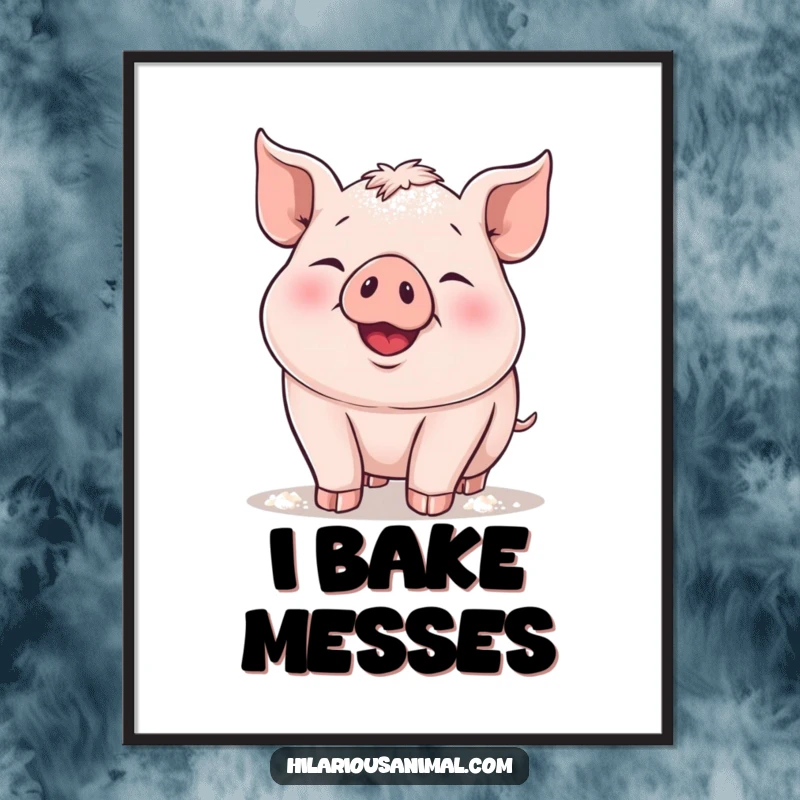Funny piglet poster, a plump piglet snorting with delight, covered in flour, capturing a moment of pure, unadulterated happiness.