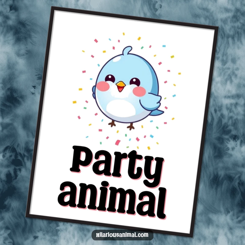 Funny round blue bird poster depicting a colorful confetti shower, perfect for whimsical, joyful, and humorous decor.