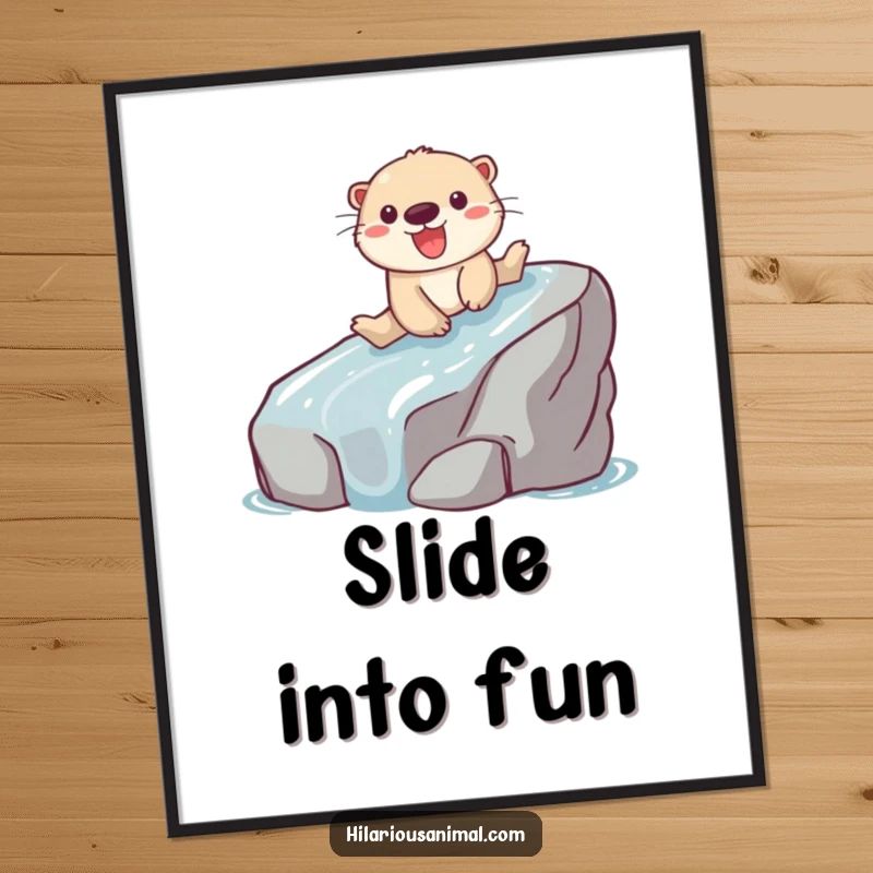 Funny poster depicting a playful otter gleefully sliding down a wet, slippery rock.