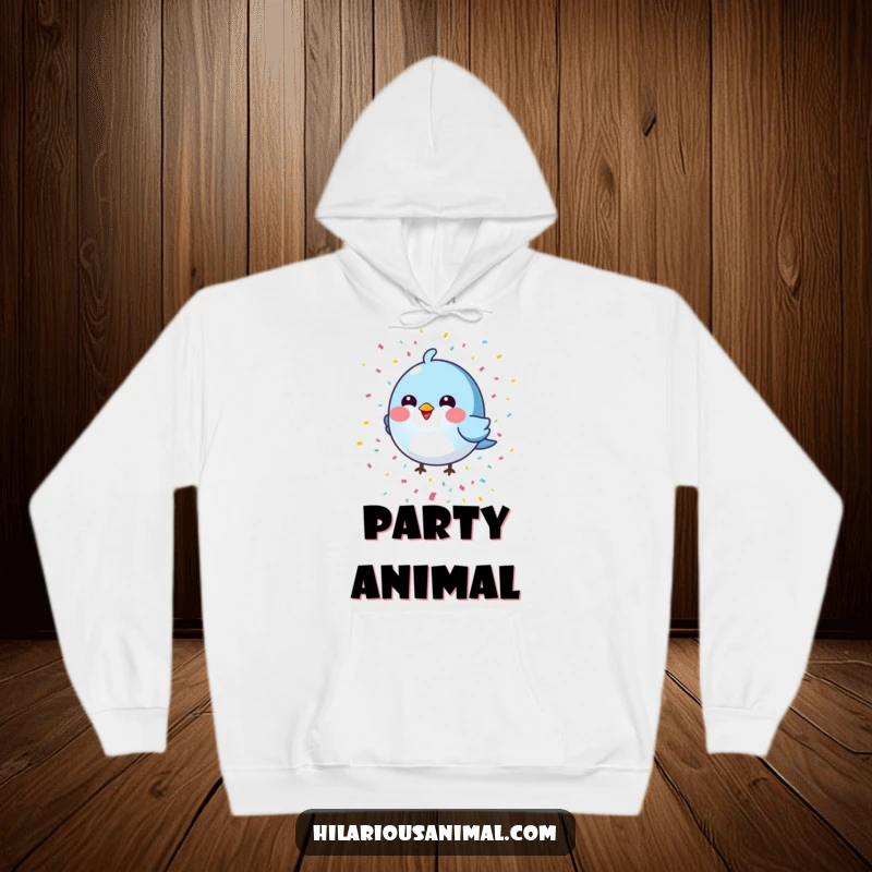 Funny round blue bird hoodie with a colorful confetti shower, offering warm and whimsical humor for any occasion.
