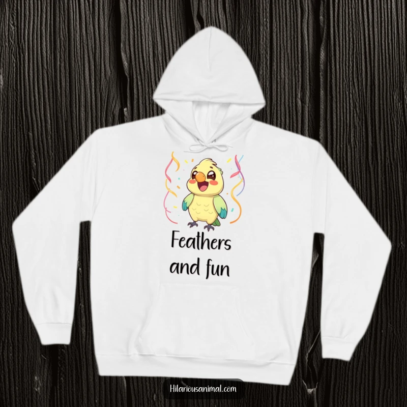 Funny joyful parrot with bright eyes chuckling, surrounded by streamers, on a hoodie, festive and cozy, a funny gift.