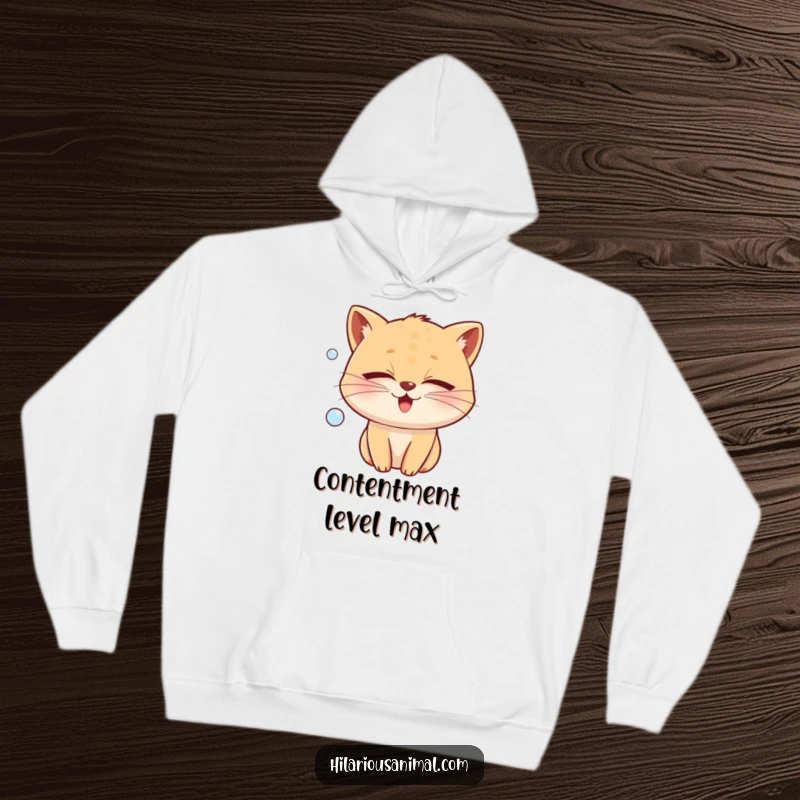 Funny whiskered animal with eyes shut tight, blowing a large bubble of joy, on a hoodie, a comforting and funny gift.