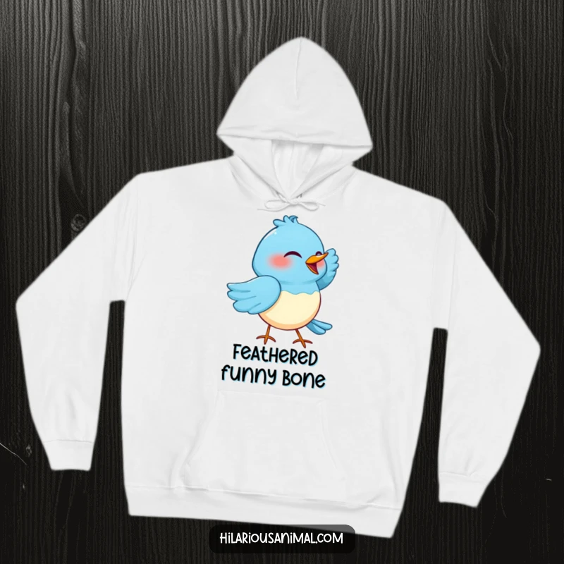 Funny hoodie featuring a blue bird cackling with one wing tucked under its head, offering warmth and humor.