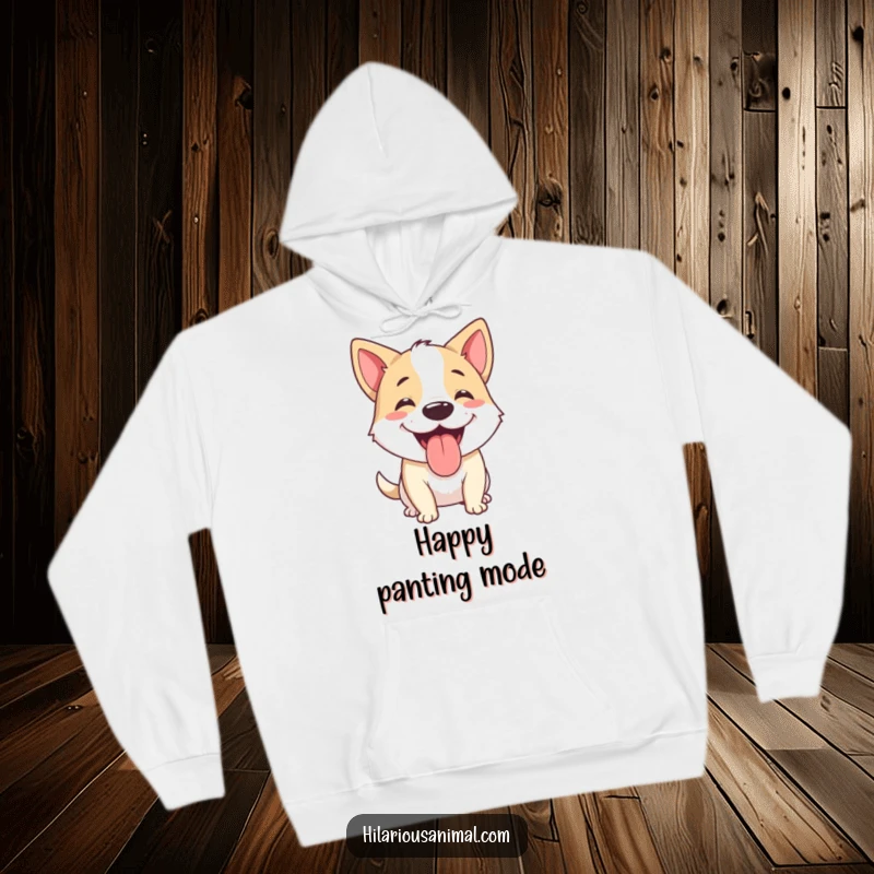 Funny dog hoodie showcasing a happy dog panting with its tongue hanging out, mid-chuckle, for ultimate cozy humor.