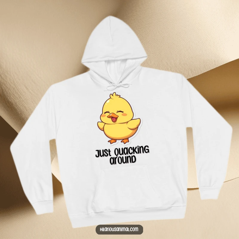 Funny Duck Quacking Hoodie showcasing a chubby yellow duck laughing with its eyes shut tight, offering cozy comfort and a dose of feathered humor.