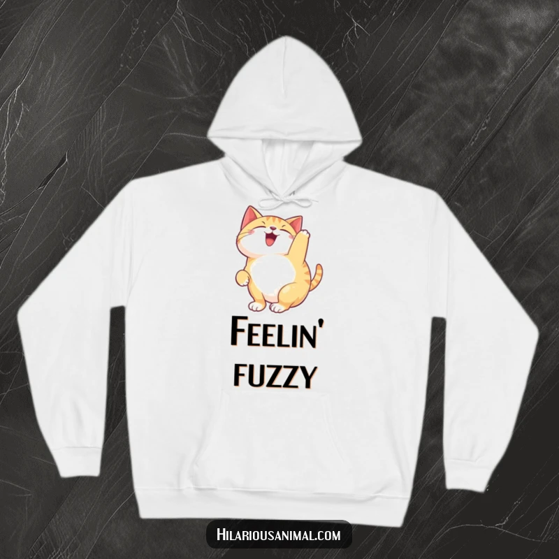 Funny happy cat hoodie featuring a feline arching its back and chattering with delight, radiating cozy, contented joy.
