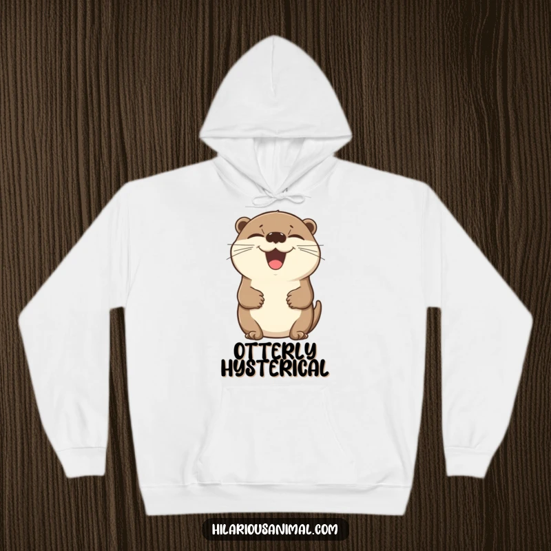 Funny otter hoodie featuring a beaming otter laughing heartily, eyes closed, belly held with amusement.