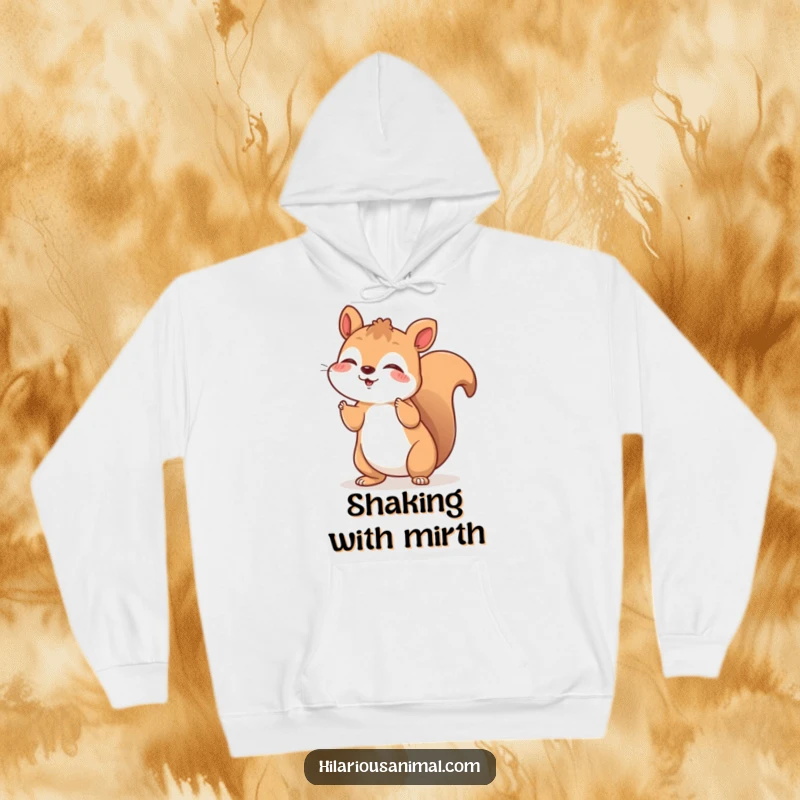 Funny hoodie depicting a cheerful squirrel shaking with silent, joyful laughter, perfect for a cozy funny gift.