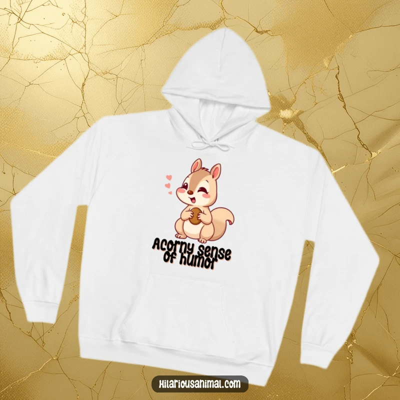 Funny squirrel hoodie showing a curious squirrel chattering with amusement, holding a nut, for cozy outdoor vibes.