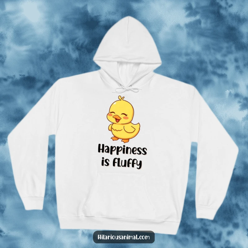 Funny yellow duckling hoodie, eyes closed in a giggle, offering cozy warmth and cuteness.