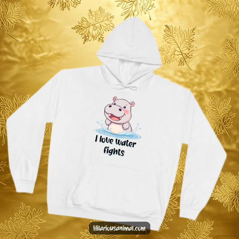 Funny hippo cub hoodie, comfortably beaming while splashing water with delight, ideal for cozy and humorous wear.