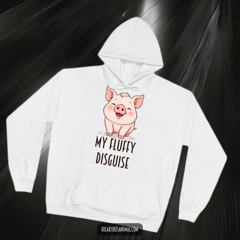 Funny piglet hoodie, a plump, happy piglet snorting with delight, playfully covered in flour, radiating warmth and adorable messiness.