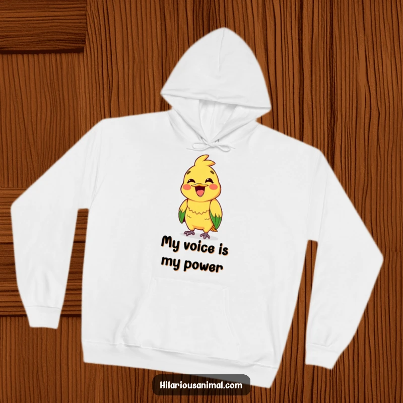 Funny hoodie featuring a brightly colored parrot with a wide grin, mid-squawk, offering cozy comfort.