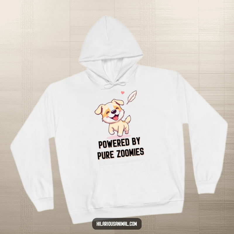 Funny hoodie featuring a giggling, panting dog intently chasing a floating feather, designed for cozy comfort.
