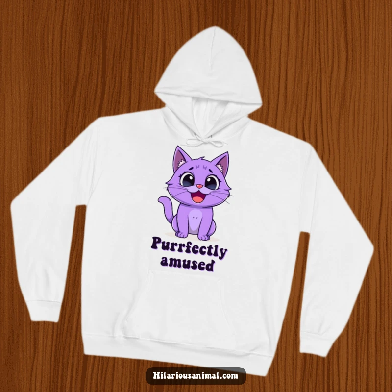 Funny purple cat hoodie, creature with wide eyes bursting into uncontrollable laughter, soft and humorous.