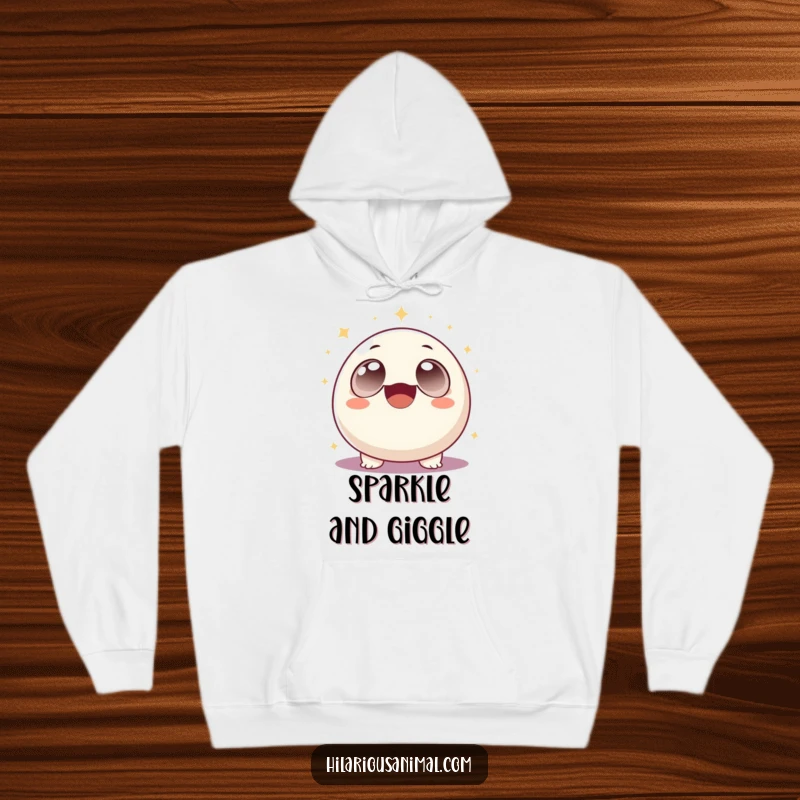 Funny round creature with big eyes laughing uncontrollably, surrounded by sparkling particles, on a hoodie, a cozy and funny gift.