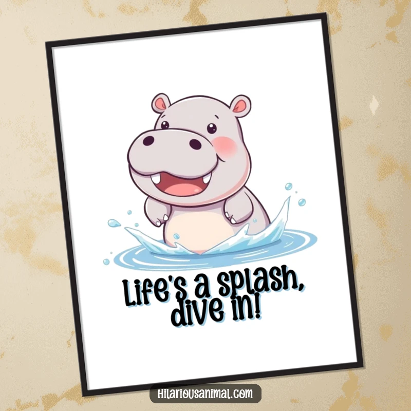 Funny Free Printable Wall Art: A beaming hippo cub joyfully splashing water, bringing a sense of fun and playful energy to your space.