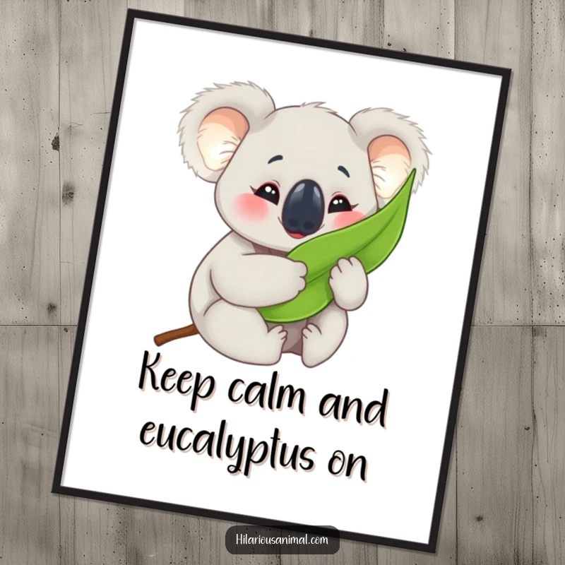 Funny Free Printable Wall Art: A happy koala cub tightly hugging a eucalyptus leaf, eyes crinkled, radiating pure joy and charm.