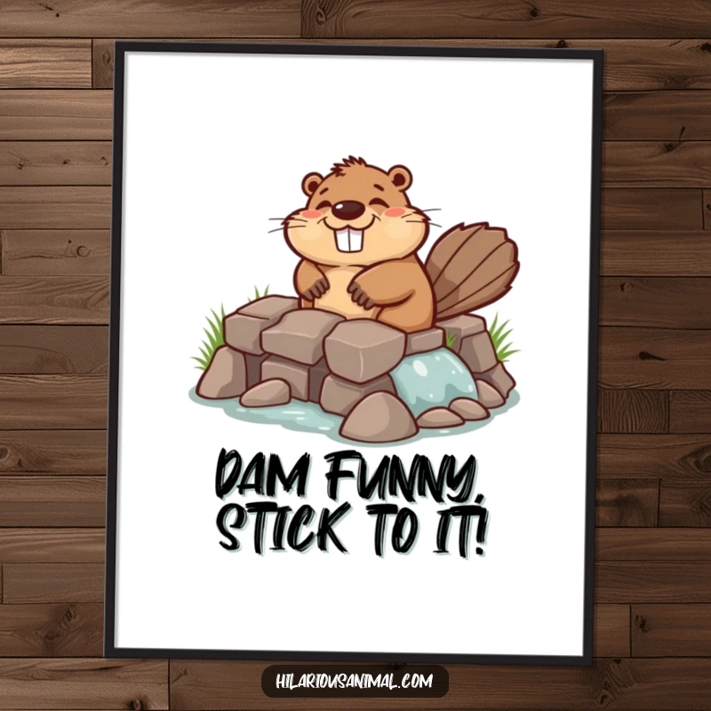 Funny Free Printable Wall Art of a chuckling beaver industriously building a hilariously lopsided dam, full of character.