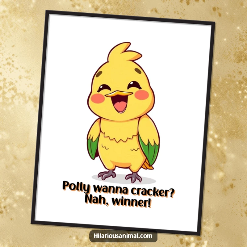 Funny Free Printable Wall Art: A brightly colored parrot mid-squawk with a wide, excited grin, full of vibrant energy.