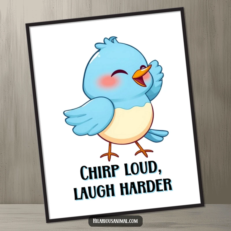Funny Free Printable Wall Art: Blue bird in a hearty cackle, wing tucked amusingly, humorous and downloadable art.
