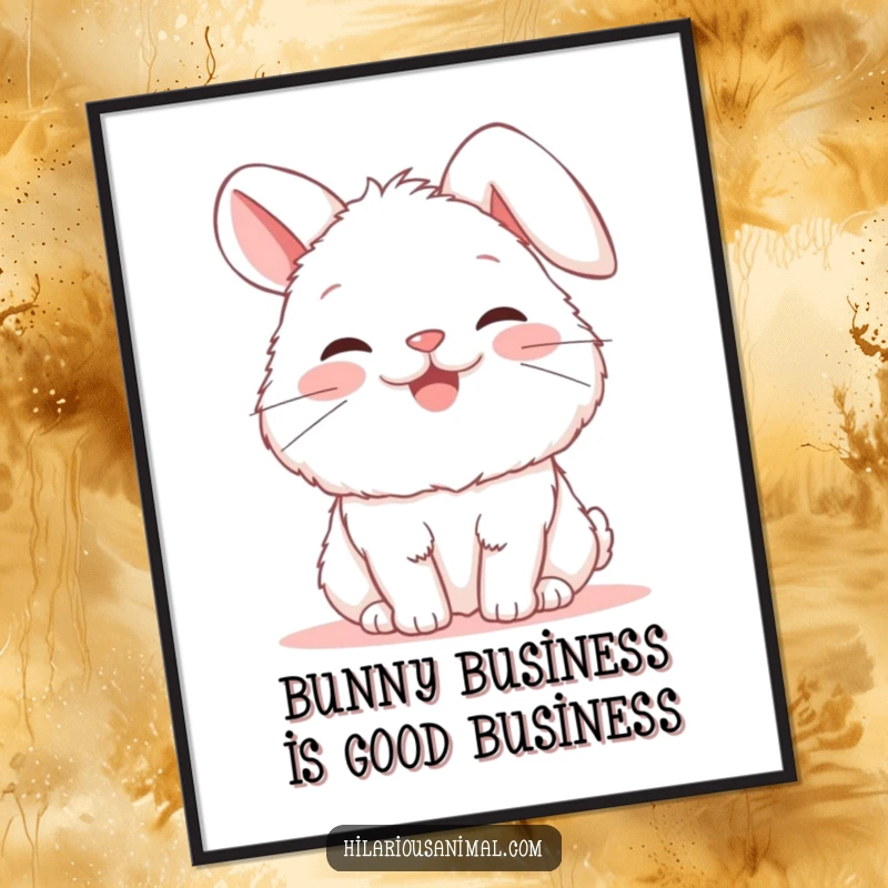 Funny free printable wall art of a fluffy white bunny snorting with extreme joy, ears flopped playfully.