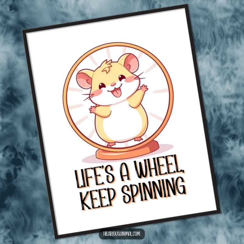 Funny Free Printable Wall Art: A cheerful hamster with a big smile is spinning wildly in its wheel, radiating pure, unadulterated fun.