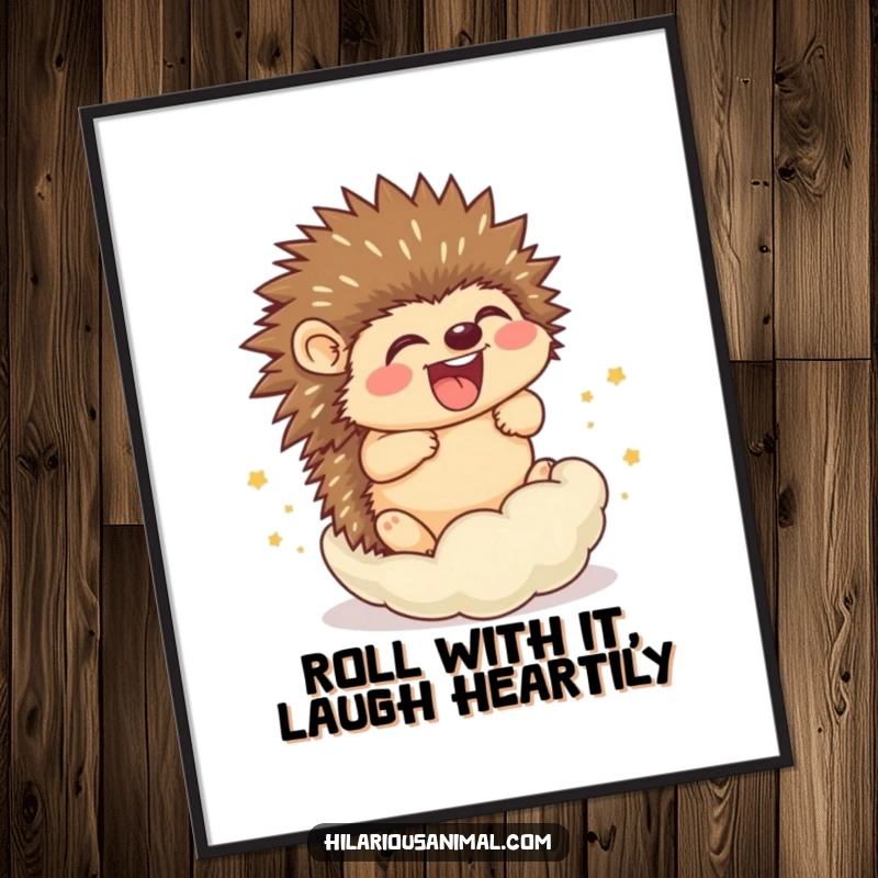 Funny Free Printable Wall Art: Jovial hedgehog cub rolling into a ball, bursting with laughter, a downloadable cute artwork.