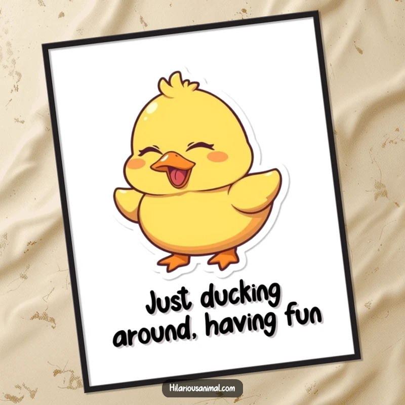 Funny Free Printable Wall Art: A chubby yellow duck is depicted quacking with laughter, eyes shut tight, radiating pure happiness and playful energy.