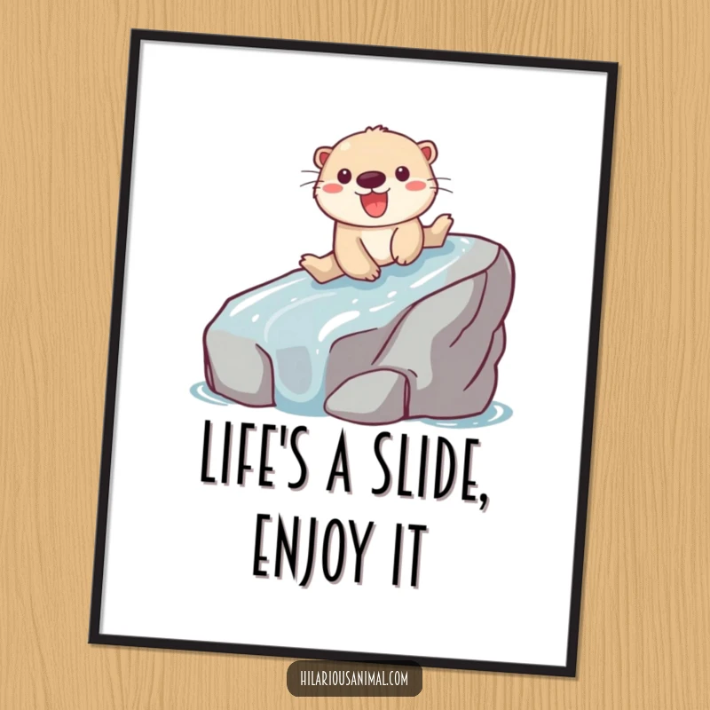 Funny Free Printable Wall Art: A playful otter captured mid-slide down a slippery rock with an expression of pure glee.