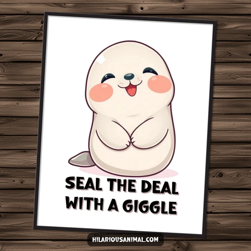 Funny Free Printable Wall Art: Happy plump seal cub giggling, holding its tummy, radiating pure delight, a downloadable cute artwork.