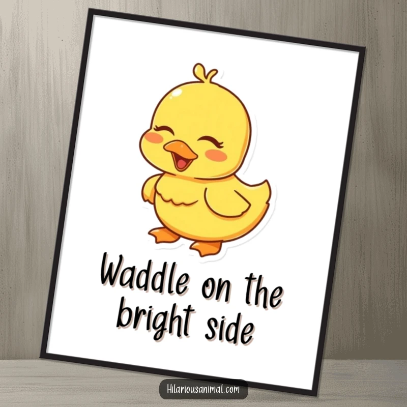 Funny Free Printable Wall Art of a yellow duckling with closed eyes, lost in a fit of giggles, adding charm.