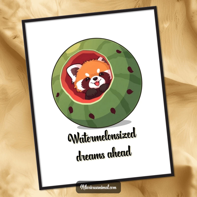 Funny Free Printable wall art of a red panda hilariously stuck headfirst in a giant hollowed-out watermelon, ready to brighten any room.