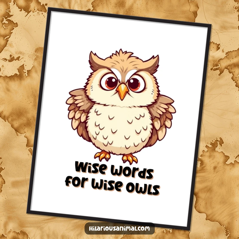 Funny Free Printable Wall Art: A chuckling owl with ruffled feathers and eyes wide with mirth sits looking amused and joyful.